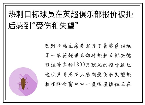热刺目标球员在英超俱乐部报价被拒后感到“受伤和失望”